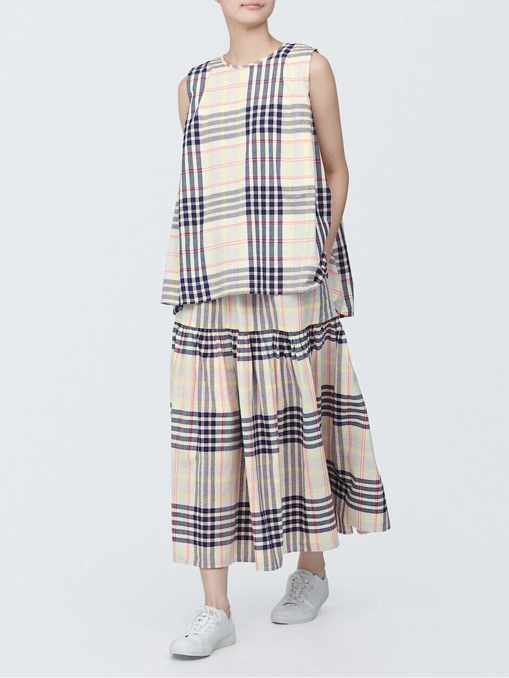 Muji Madras Check Top in Cream & Navy